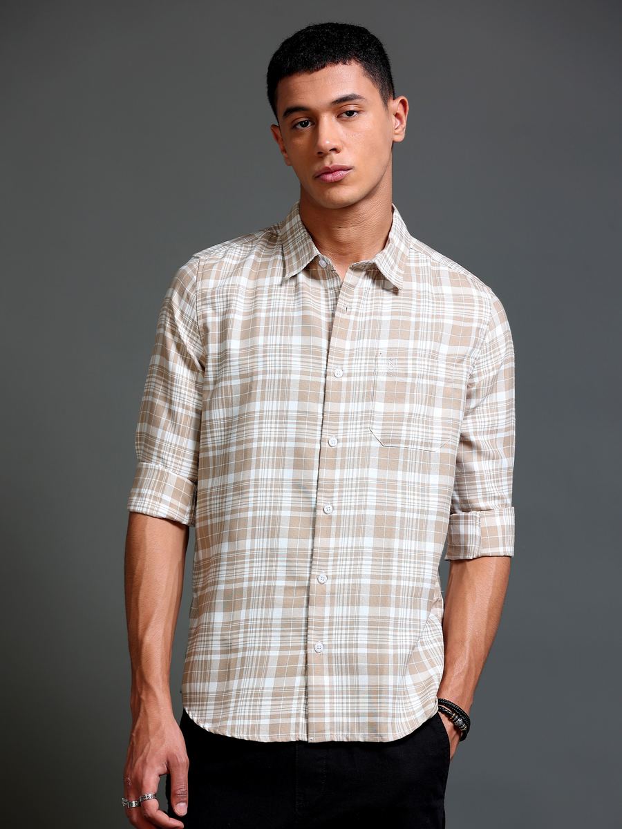 Silk Check Slim Fit Shirt, Beige